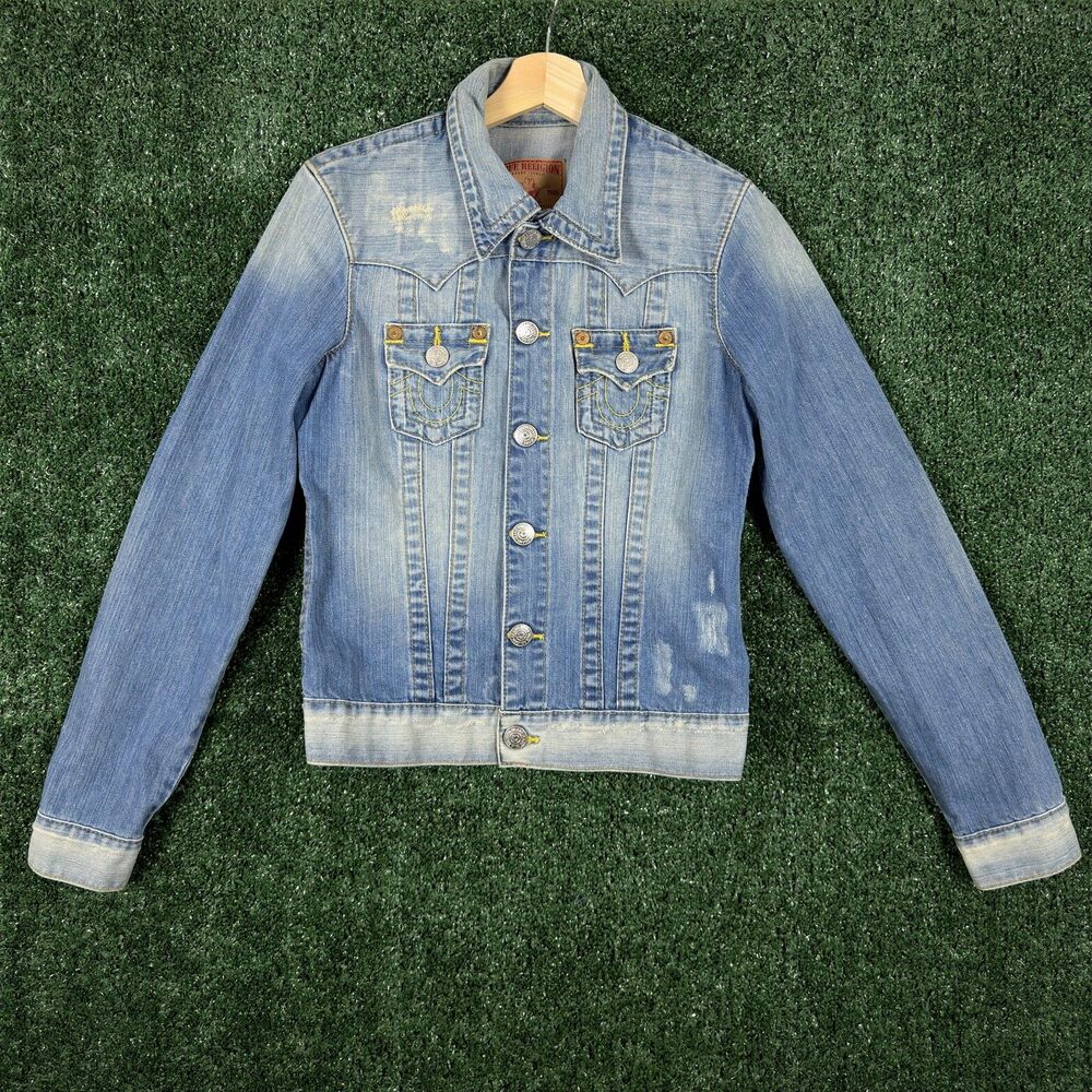 True Religion Women's Jimmy Denim Jacket Size S Blue Snap Flap Pockets Short